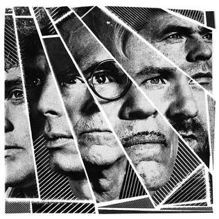 The cover of 'FFS' by FFS, a black and white picture of diagonal slices of six mens' faces. The one in the middle has a small moustache.