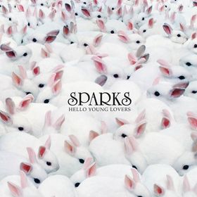 An LP sleeve consisting of many white rabbits, and the words 'Sparks Hello Young Lovers' in the middle. None of the rabbits has a small moustache.